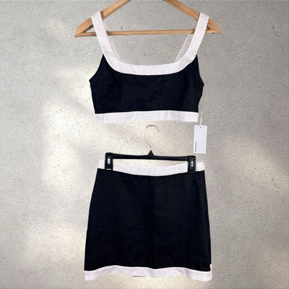 Reformation Robbie Linen Two Piece Size 4 Matching Set in Black & White NEW - Picture 6 of 10